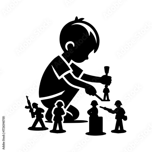 Modern Minimalist Boy Playing With Toy Soldiers Icon, Flat Silhouette of a Child Vector for Fun Illustration Design