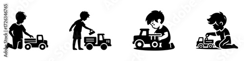 Modern Minimalist Boy Playing With Toy Truck Icon, Flat Silhouette of a Child Vector for Vehicle Illustration Design