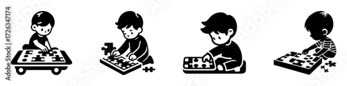 Modern Minimalist Boy Playing With Toy Puzzle Board Icon, Flat Silhouette of a Child Vector for Learning Illustration Design