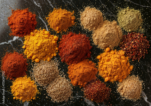Assorted spices provide vibrant color and texture variety displayed on dark marbled background