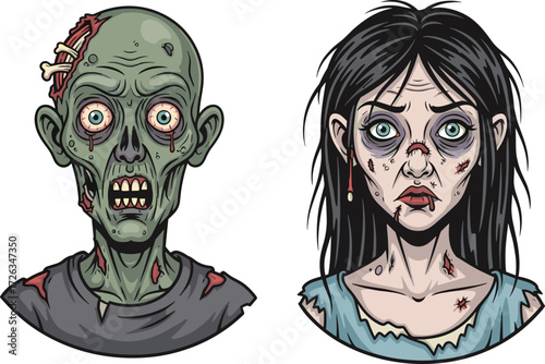 Zombie cartoon illustration, horror character design, scary undead couple, Halloween artwork, creepy monster drawing, stylized digital art, blood, bruises, eerie expression