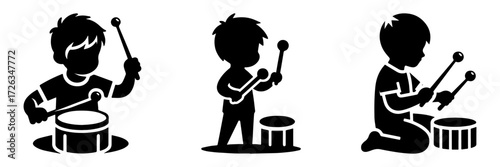Modern Minimalist Boy Playing With Toy Drumsticks Icon, Flat Silhouette of a Child Vector for Music Illustration Design