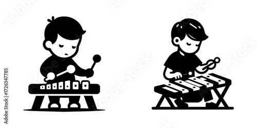 Modern Minimalist Boy Playing With Toy Xylophone Icon, Flat Silhouette of a Child Vector for Music Illustration Design