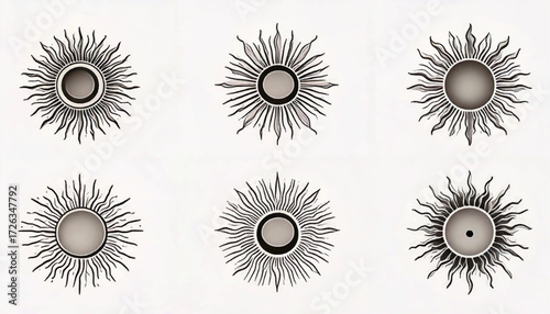 Six stylized sun illustrations with radiating rays and circular centers, presented in a grid formation against a neutral background.