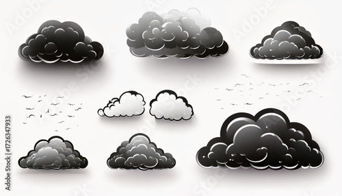 A collection of stylized, monochrome clouds, ranging from dark and ominous to light and fluffy, set against a plain background.