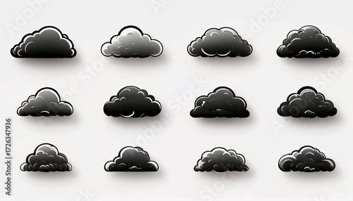 A collection of twelve distinct, stylized dark grey cloud illustrations, each rendered with subtle shading and highlights, arranged in a three-row by four-co...