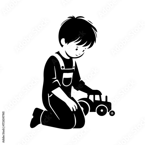 Modern Minimalist Boy Playing with a Tractor Icon, Flat Silhouette of a Child with Toy Vehicle Vector for Kids Illustration Design