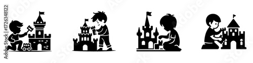 Modern Minimalist Boy Playing With Toy Castle Icon, Flat Silhouette of a Child Vector for Fantasy Illustration Design