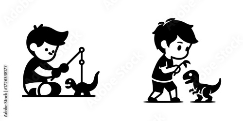 Modern Minimalist Boy Playing with Toy Dinosaur Icon, Flat Silhouette of a Child with Prehistoric Creature Vector for Kids Illustration Design