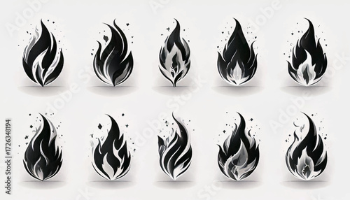 A collection of ten stylized black and white flame illustrations, each with unique shapes and details.