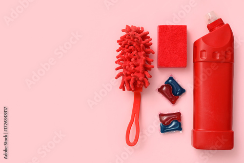 Set of cleaning supplies on...