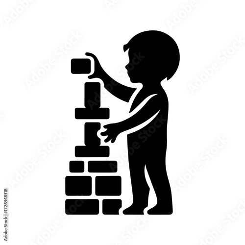 Modern Minimalist Boy Playing with Blocks Icon, Flat Silhouette of a Child Arranging Toys Vector for Kids Illustration Design