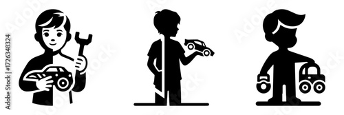 Modern Minimalist Boy Holding a Toy Car Icon, Flat Silhouette of a Child with Half Body View Vector for Kids Illustration Design
