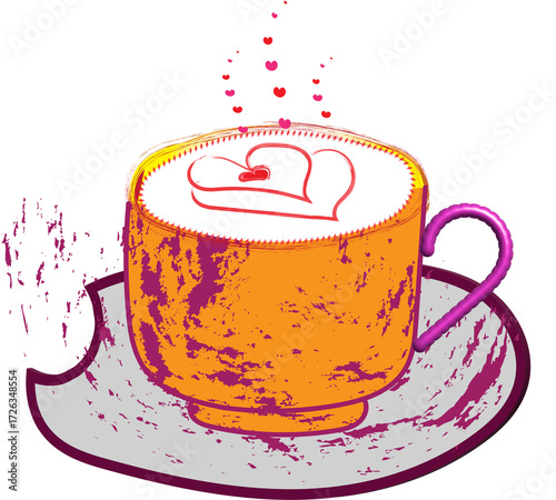 cup of cofee with hearts and broken plate illustration  is under the cup i