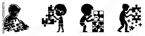 Modern Minimalist Boy Solving Puzzle Icon, Flat Silhouette of a Child with Half Body View Vector for Kids Illustration Design