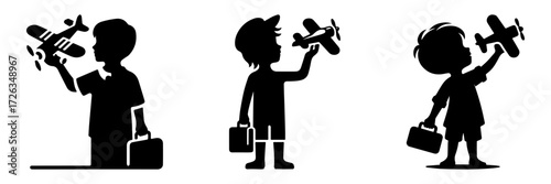 Modern Minimalist Boy Holding a Toy Airplane Icon, Flat Silhouette of a Child with Half Body View Vector for Kids Illustration Design