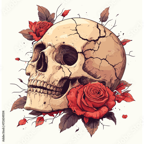 A human skull with a cracked cranium surrounded by roses and leaves , vector style simple color