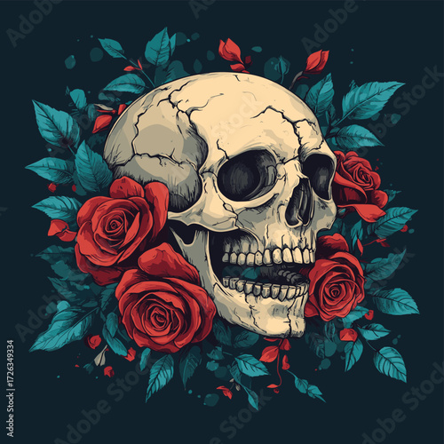 A human skull with a cracked cranium surrounded by roses and leaves , vector style simple color