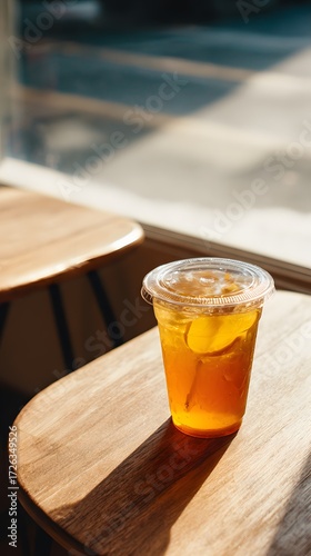 Refreshing peach tea in cafe-style cup, light wood table and right area open for product label
