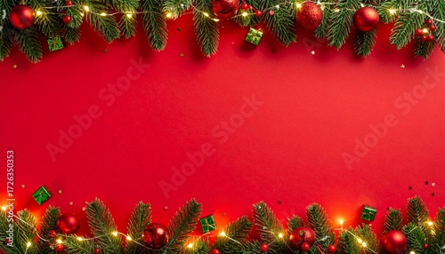 A top-down view of a festive red background, with a border of green fir branches along the top, Christmas background