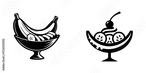 Modern Minimalist Banana Split Icon, Flat Silhouette of a Classic Ice Cream Dessert Vector for Sweet Treat Illustration Design