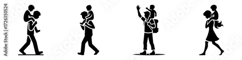 Modern Minimalist Men Carrying Child on Shoulders Icon, Flat Silhouette of a Father and Kid Vector for Family Bond Illustration Design
