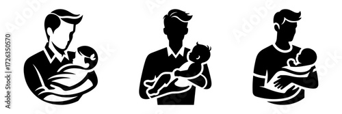 Modern Minimalist Man Carrying Baby in Arms Icon, Flat Silhouette of a Father Holding Infant Vector for Family and Care Illustration Design