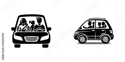 Modern Minimalist Man Driving Car with Family Inside Icon, Flat Silhouette of Parents and Children Vector for Travel and Family Illustration Design