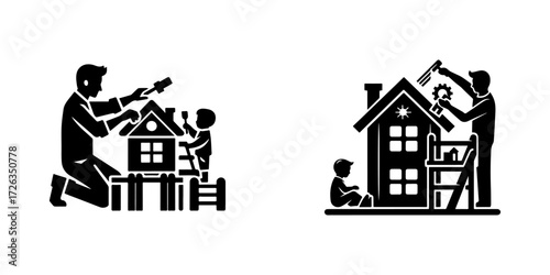 Modern Minimalist Man Building Toy House with Child Icon, Flat Silhouette of a Father and Kid Vector for Playtime and Family Illustration Design
