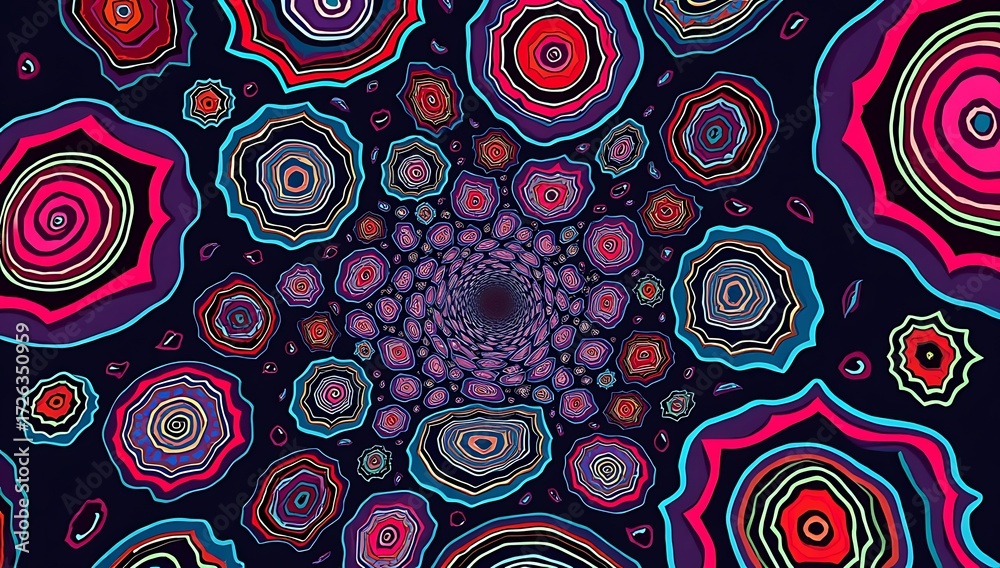 Fototapeta premium Vibrant abstract psychedelic pattern with optical illusion shapes in neon colors. 