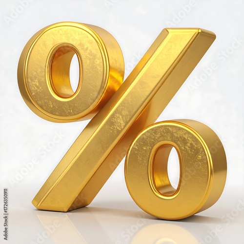 A 3D-rendered gold percentage symbol on a reflective surface