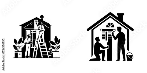 Modern Minimalist Men Decorating House Together Icon, Flat Silhouette of a Family Vector for Home Illustration Design