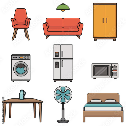 Vector illustration of diverse household furniture and appliances for interior design projects scalable eps format vector