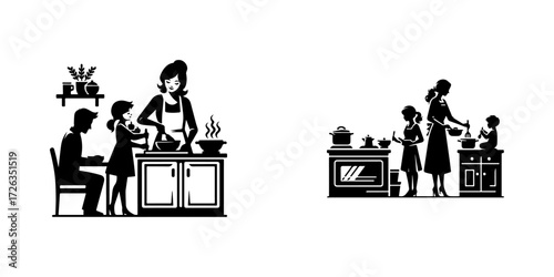 Modern Minimalist Woman Teaching Daughter To Cook Icon, Flat Silhouette of a Parenthood Vector for Cooking Illustration Design