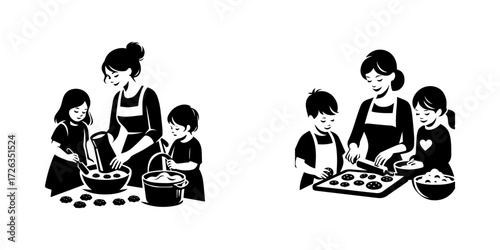 Modern Minimalist Woman Baking Cookies With Kids Icon, Flat Silhouette of a Parenthood Vector for Cooking Illustration Design