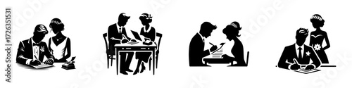 Modern Minimalist Women Writing With Husband Icon, Flat Silhouette of a Couple Doing Notes Vector for Family Illustration Design