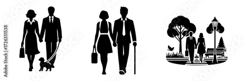 Modern Minimalist Women Taking a Leisurely Walk With Their Husband Icon, Flat Silhouette of a Couple Strolling Outdoors Vector for Lifestyle Illustration Design
