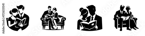 Modern Minimalist Women Reading Books With Husband Icon, Flat Silhouette of a Couple Learning Together Vector for Education Illustration Design
