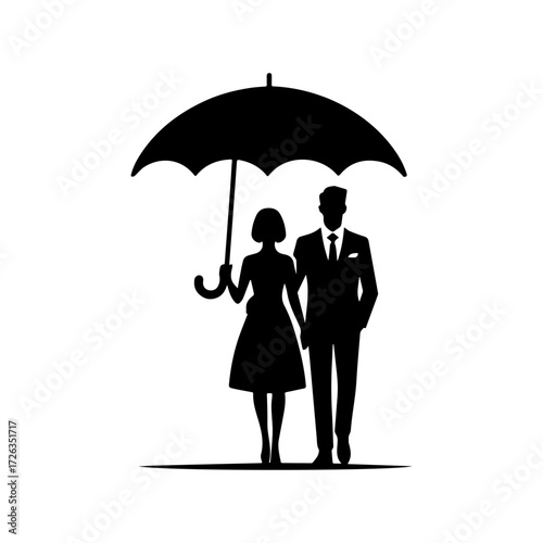 Modern Minimalist Women Holding Umbrellas on Street in Rain With Husband Icon, Flat Silhouette of a Couple Walking Outdoors Vector for Weather Illustration Design