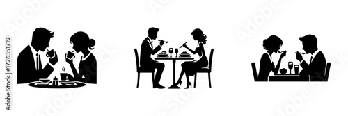 Modern Minimalist Women Eating With Husband Icon, Flat Silhouette of a Couple Sharing Meal Vector for Family Illustration Design