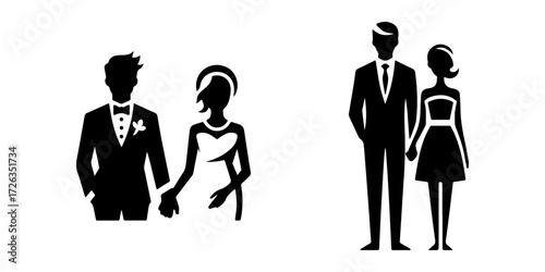 Modern Minimalist Bride and Groom Holding Hands Icon, Flat Silhouette of a Wedding Couple Vector for Romantic Illustration Design
