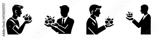 Modern Minimalist Man Offering Fruit Icon, Flat Silhouette of a Healthy Snack Vector for Lifestyle Illustration Design