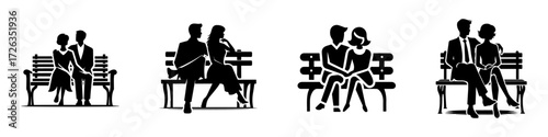 Modern Minimalist Man Sitting on Bench With Girlfriend Icon, Flat Silhouette of a Couple Relaxing Vector for Romantic Illustration Design