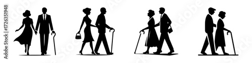 Modern Minimalist Man Walking With Cane With Girlfriend Icon, Flat Silhouette of a Couple Strolling Vector for Lifestyle Illustration Design
