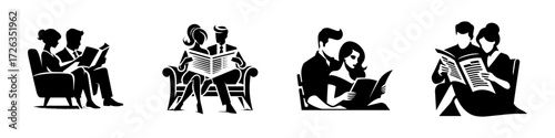 Modern Minimalist Women Reading Newspaper With Husband Icon, Flat Silhouette of a Couple Doing Morning Routine Vector for Lifestyle Illustration Design