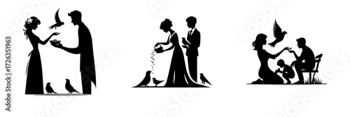 Modern Minimalist Man Feeding Birds With Lover Icon, Flat Silhouette of a Couple Enjoying Nature Vector for Romantic Illustration Design
