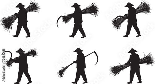 Farmer silhouette illustration, crop harvesting figure, traditional agriculture art, black vector worker, rural labor scene, sickle and bundle, farming concept design
