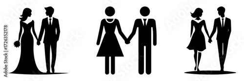 Modern Minimalist Men Holding Hands With Wife Icon, Flat Silhouette of a Couple Walking Together Vector for Romantic Illustration Design