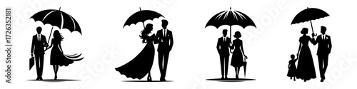 Modern Minimalist Men Holding Umbrella With Wife Icon, Flat Silhouette of a Couple Walking in Rain Vector for Romantic Illustration Design