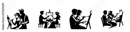Modern Minimalist Men Painting With Wife Icon, Flat Silhouette of a Couple Creating Art Vector for Hobby Illustration Design